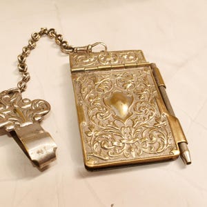 Victorian Aide Memoire with Chatelaine Clip - Gorgeous Art Nouveau Chatelaine/Dance Card Notebook with Dog Clip and Chain