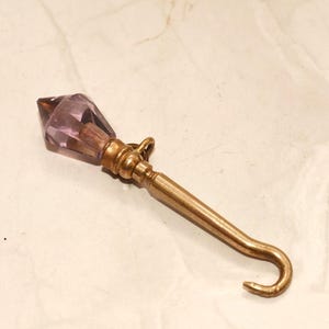 Antique Victorian Chatelaine Glove Hook: Amethyst Glass, Brass Swivel