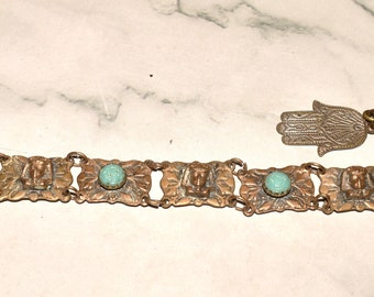 Antique Panel Bracelet - Gorgeous Egyptian Revival Turquoise Coloured Inset with Hamsa Hand Clasp