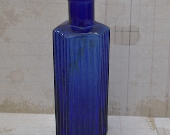 Antique Cobalt Blue Glass Medicine Bottle: Ribbed Victorian Apothecary