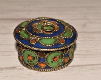 Antique Enamel Snuff Box: Decorative Blue & Green Lidded Pot