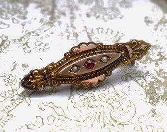 Gold Locket Brooch - Beautiful Victorian Pearl and Red Stone Antique Etruscan Brooch with Secret Locket and Interesting Clasp