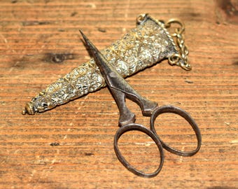 Chatelaine Scissors in Case  - Wonderful Antique Victorian Brass Decorative Case with Chain