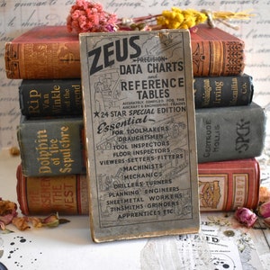 May include: A vintage, worn, grey booklet titled "ZEUS" with the words "Precision Data Charts and Reference Tables" printed on the cover. The booklet is a 24-star special edition, essential for toolmakers, draughtsmen, tool inspectors, floor inspectors, viewers, setters, fitters, machinists, mechanics, drillers, turners, planning engineers, sheetmetal workers, tinsmiths, grinders, and apprentices.