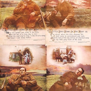 Könnte beinhalten: Ein Vintage-Druck mit vier Tafeln, die einen Soldaten in brauner Uniform zeigen, die jeweils eine Szene aus dem Lied "Little Grey Home in the West" darstellen. Die Tafeln enthalten Text und Illustrationen.