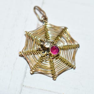 May include: A gold-toned metal pendant shaped like a spider web with a central spider figure. The spider features a clear, colorless stone for its head and a vibrant, round, faceted pinkish-red stone for its abdomen. A small metal loop is attached.