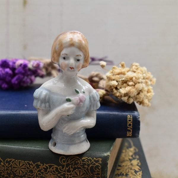 German Porcelain Half Doll  - Gorgeous Demure Lady with Posy with Lovely Features and Detail