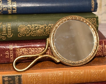 Antiker Vergoldeter Handtaschen Spiegel: Doppelseitiger Chatelaine Spiegel