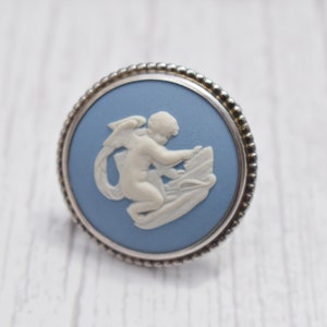 Wedgwood Silver Jasperware Cameo Brooch - Gorgeous Blue Cupid Cherub Porcelain Hallmarked Brooch