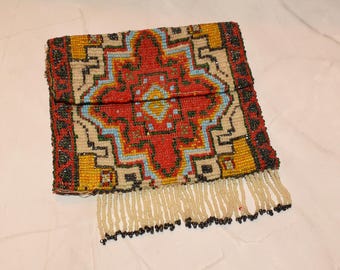 Viktorianische Perlen Geldbörse: Antike Micro Perlen Handtasche, Rot Gold Blau