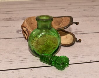 Antique Smelling Salts Bottle - Charming Cased Green Glass Bottle with Crystals and Crown Stopper