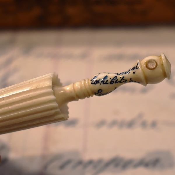 Bone Parasol Needle Holder Stanhope - Lovely Antique Edwardian Etui Carved Needle Case Stanhope Lens Imperial International Exhibition  1909