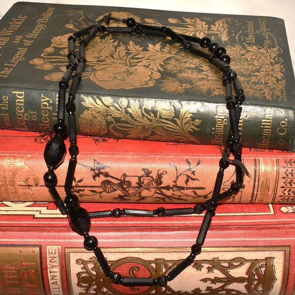 Black French Jet Bead Necklace - Gorgeous Early Antique Unusual Design 34 Inches