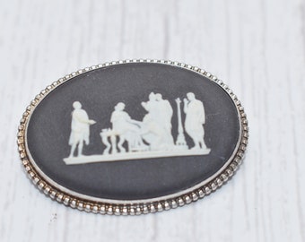 Vintage Wedgwood Jasperware Brooch: Sterling Silver Cameo, Black Porcelain