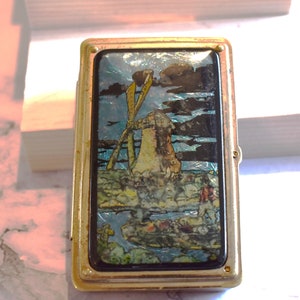 Porte-cartes imitation ailes de papillon - Magnifique art déco avec charnières et belle scène de moulin à vent avec irisation lumineuse