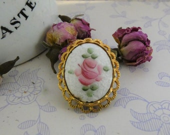 Guilloche Enamel Brooch -Beautiful Vintage Gilt Fretwork with Rose Centre