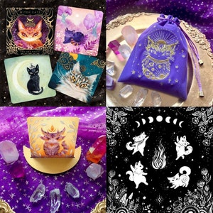 Witch Cats Oracle Deck - SUN Gift Set - Baraja de cartas inspiradora - Tarot - Bolsa de terciopelo - Tela de altar