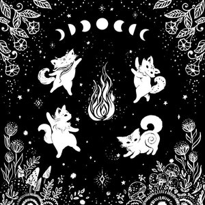 Witch Cats Ritual Cloth, Tarot Cloth, Altar Cloth, Card Spread, Full Moon, Dancing Cats, Flowers, Fire