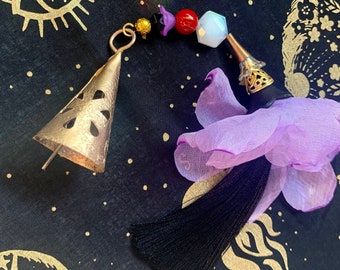 COSMIC Ritual Bell - Golden Bell with Black Tassel and  Lavender Silky Petals - Altar Tool -  Silky Gift Pouch