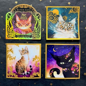 Stickers chats sorcières - Lot de 4, feuille d&#39;or, or holographique