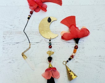 PASSION Ritual Bell and Pendulum and Wall Charm Hanging - Red, Black and Gold - Velvet Pouch