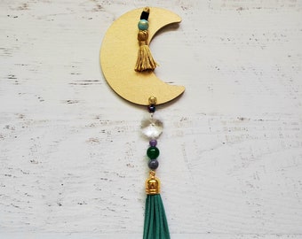 Gold Crescent FOREST Green Moon Wall Hanging - Semiprecious Stones - Silky Tassel - Ritual Tool - Altar Space