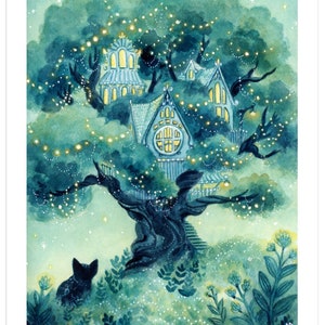 Enchanted Treehouse, Archival Fine Art Print, Fantasy, Fairytale, Cat, Forest Giclee
