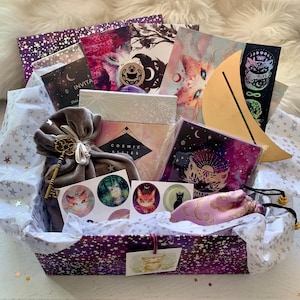 Pode incluir: Uma caixa de presente roxa e prateada cheia de v&aacute;rios itens, incluindo uma chave prateada, uma bolsa cinza e v&aacute;rios cart&otilde;es com ilustra&ccedil;&otilde;es de gatos e outros animais. A caixa &eacute; decorada com um padr&atilde;o de estrelas prateadas e as palavras "Cosmic Allies" s&atilde;o vis&iacute;veis em um dos cart&otilde;es.