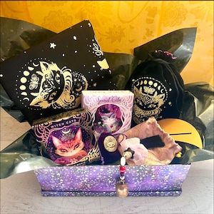 Pode incluir: Uma caixa de presente roxa com um padr&atilde;o de estrelas cheia de v&aacute;rios itens com tema de gato, incluindo uma bolsa de veludo preto com um design de lua e estrelas douradas, um cart&atilde;o roxo e dourado com o texto "Witch Cats", um cart&atilde;o roxo e dourado com o texto "Spirit Cats", e uma bolsa roxa e dourada com um tassel.