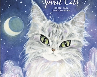 2026年版猫カレンダー、水彩画、月相月占星術壁掛けカレンダー、私のスピリット＆ウィッチキャットオラクルデッキに基づく