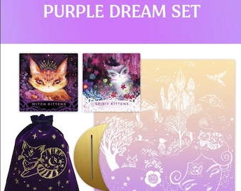 PURPLE DREAM Wander Kittens Oracle Deck Gift Set - Watercolor Art, Pouch, Inspiration, Tarot, Magical, Divination, Healing, Cat, Wood Moon