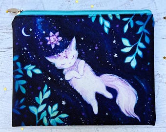Cosmic River Cat Zipper Pouch: Blue Lavender Witch Kitten Bag (9"x7")