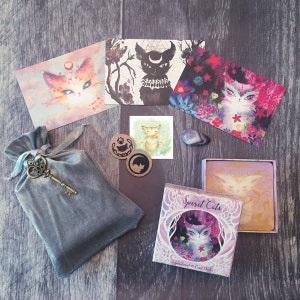 Pode incluir: Um conjunto de baralho de cartas inspiradoras Spirit Cats de 44 cartas, uma bolsa de veludo com uma chave e quatro pequenos tokens redondos de madeira com ilustra&ccedil;&otilde;es de gatos. As cartas est&atilde;o em uma caixa roxa com uma borda branca e uma imagem de um gato com flores. As cartas est&atilde;o sobre uma superf&iacute;cie de madeira.