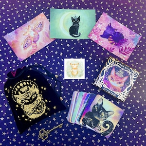 Conjunto de presente de baralho Witch Cats Oracle - Baralho de cartas inspirador - Tarô - Bolsa bordada - Lua Opalita