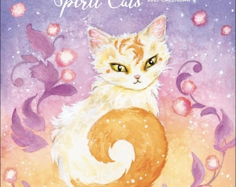 Puede incluir: Un calendario de 2027 titulado Spirit Cats Moon + Sun que presenta una ilustración en acuarela de un gato color crema y naranja con ojos amarillos, rodeado de follaje morado y pequeños puntos blancos sobre un fondo degradado morado y naranja.