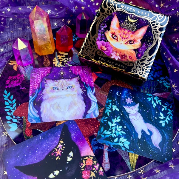 Witch Cats Oracle Deck - Watercolor Art, Inspirational Card Deck, Indie, Tarot, Magical, Divination, Healing, Divine Messages, Cat, Kitty