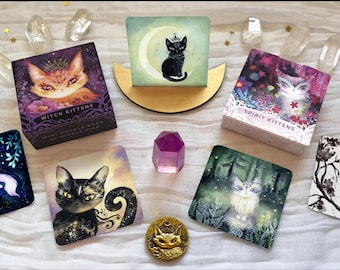 Wander Kittens: Conjunto de 2 mini baralhos de cartas de oráculo de viagem - Arte em aquarela, inspiração, indie, tarô, mágica, adivinhação, cura, gato