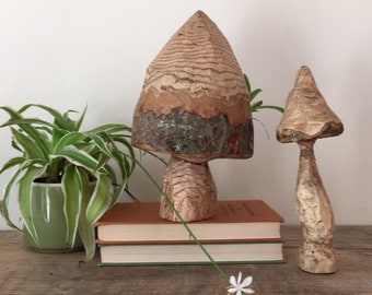 Hand carved wood mushroom with green cotton cord