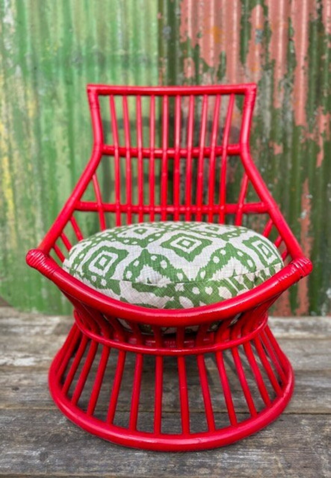 Vintage Red Bamboo Chair With Cushion Fireside Low Reading Etsy