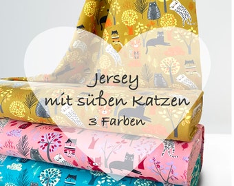 Jersey with cute cats, pink, petrol, mustard, yellow, hope for children, cat fabrics, cats meow, children's clothes, DIY, jersey fabrics, from 50 cm