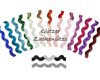 1 m / glitter rickrack braid, lurex braid, zigzag braid/ 15 colors/ pink/ blue/ yellow/ Halloween, Christmas, carnival, costume decoration