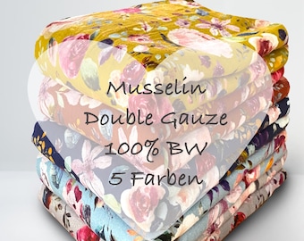 Muslin double gauze with floral print, light blue & dark blue / 100% cotton / cotton, old pink, roses, flowers, blossoms, sold by the meter from 50 cm