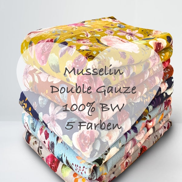 Musselin Double Gauze mit Blumenprint, hellblau & dunkelblau  / 100% Baumwolle / Cotton, altrosa, Rosen, Blume, Blüten, Meterware ab 50cm