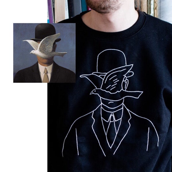 Hand Embroidered Sweatshirt With Rene Magritte Painting Man in a Bowler Hat. Trendy gift for ART lovers. Surrealist painter René Magritte