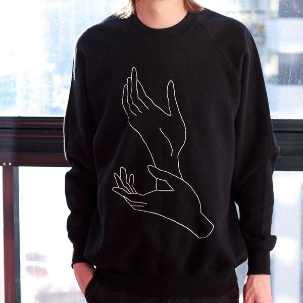 Custom Hand Embroidered Black Sweater with 'Twin Peaks' Laura's Palmer's hand gesture 'Meanwhile'.Minimal, Trendy, ART Gift For Him or Her