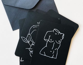 Handmade gift cards, ART cards, lienart cards, black and white minimal gift cards