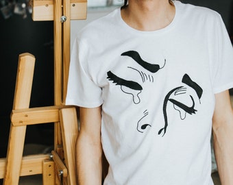 Hand Embroidered POP ART T-shirt With Sad Crying woman Face. Perfect, Stylish And Trendy Gift For Him, Her or Yourself.