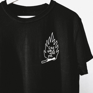 Hand Embroidered Black T-SHIRT with David Lynch &#39;Twin Peaks&#39; &#39;Fire walk with me&#39;. Minimal, Stylish, ART Gift For Him or Her