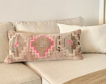 Vintage Turkish Lumbar Kilim Pillow Sofa Pillow Boho Throw Pillow Rectangular Kilim Pillow Case