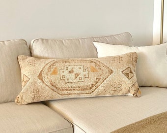 Vintage Turkish Lumbar Kilim Pillow Sofa Pillow Boho Throw Pillow Rectangular Kilim Pillow Case
